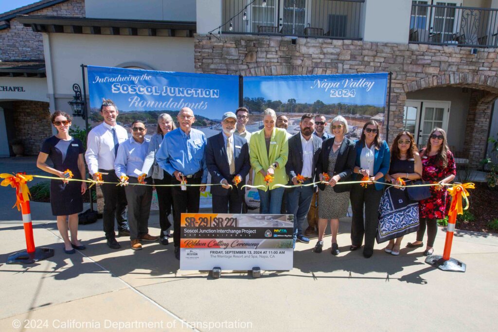NVTA Boardmembers and staff cut the ribbon on the Soscol Junction roundabouts. (Photo: Caltrans)